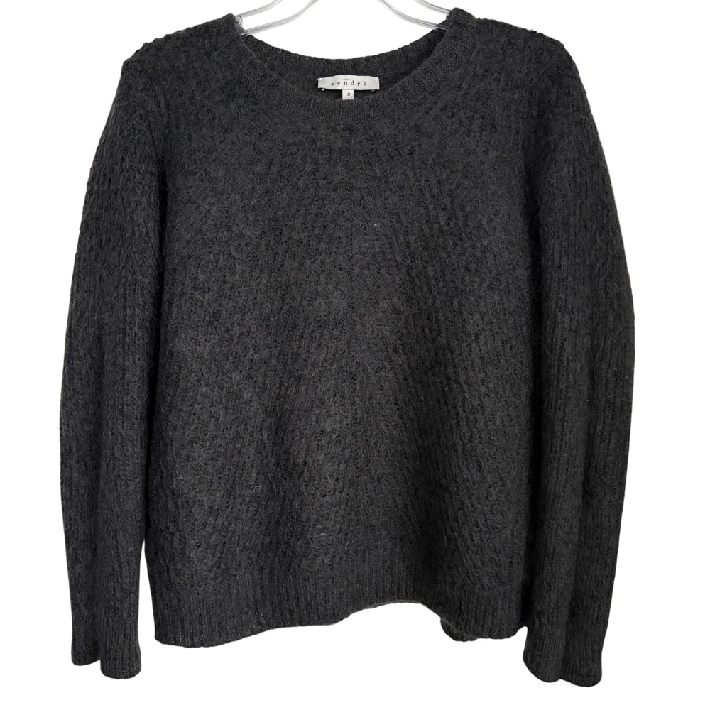 Sandro Dark Charcoal Mohair Blend Textured Knit Sweater Womens Size L
